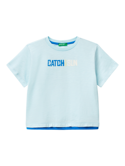 Benetton Kids' Cotton Graphic Print T-Shirt, Light Blue Powder, Light Blue Powder