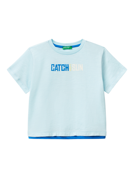 Benetton Kids' Cotton Graphic Print T-Shirt, Light Blue Powder, Light Blue Powder