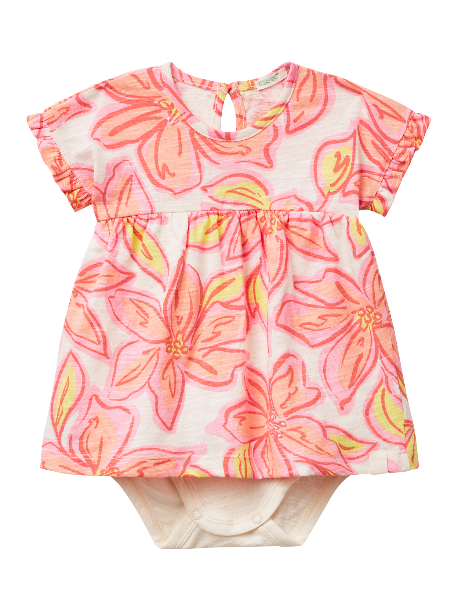 Product image 1 of 3, which shows Benetton Baby Short Sleeved Floral Popper Dress, White Cream, 1-3 months