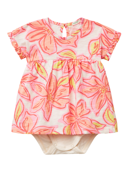 Benetton Baby Short Sleeved Floral Popper Dress, White Cream, White Cream