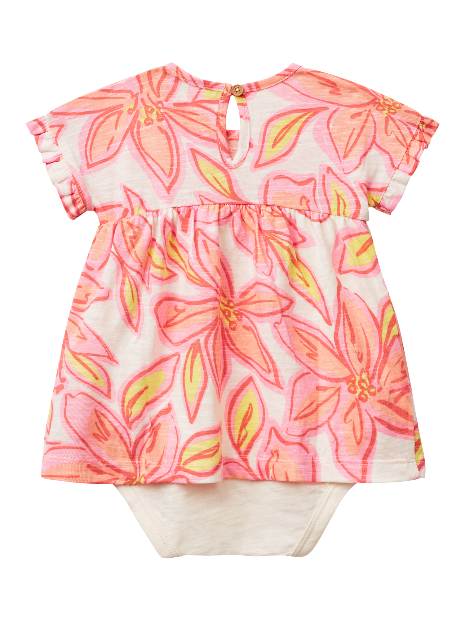 Product image 2 of 3, which shows Benetton Baby Short Sleeved Floral Popper Dress, White Cream, 1-3 months