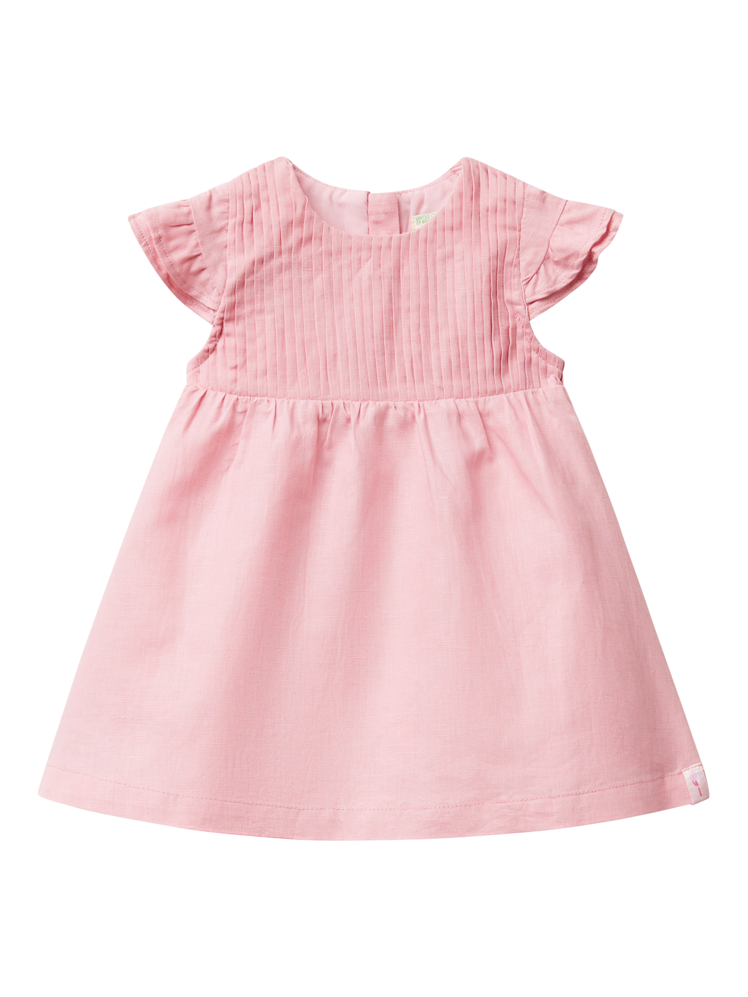 Product image 1 of 3, which shows Benetton Baby Linen Blend Pleated Cap Sleeve Dress, Pink, 1-3 months