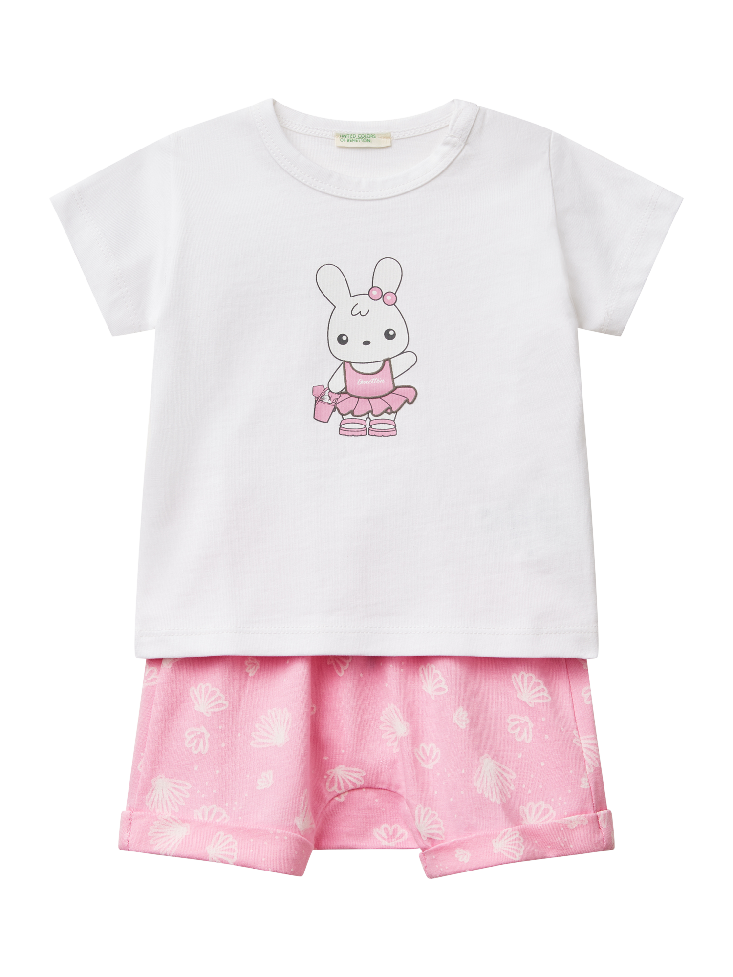 Product image 1 of 4, which shows Benetton Baby Ballet Bunny T-Shirt and Shorts Set, Pink, 12-18 months