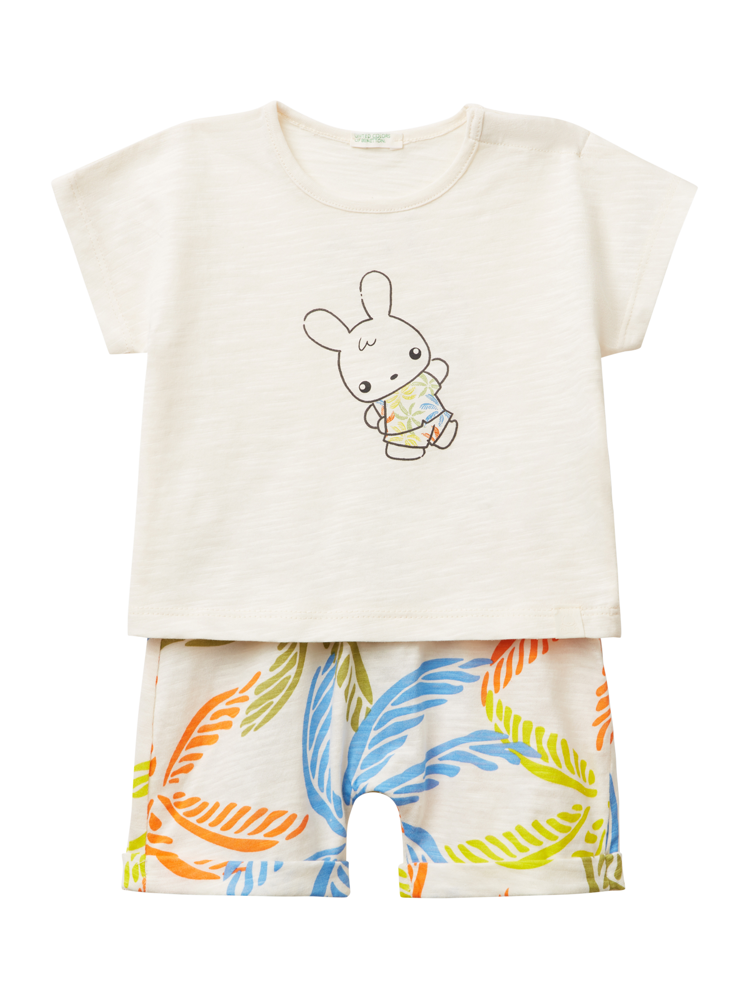 Product image 1 of 4, which shows Benetton Baby Cotton T-Shirt and Shorts Set, White Cream, 1-3 months