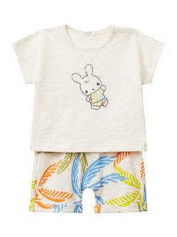 Benetton Baby Cotton T-Shirt and Shorts Set, White Cream