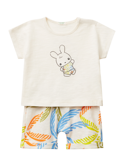 Benetton Baby Cotton T-Shirt and Shorts Set, White Cream