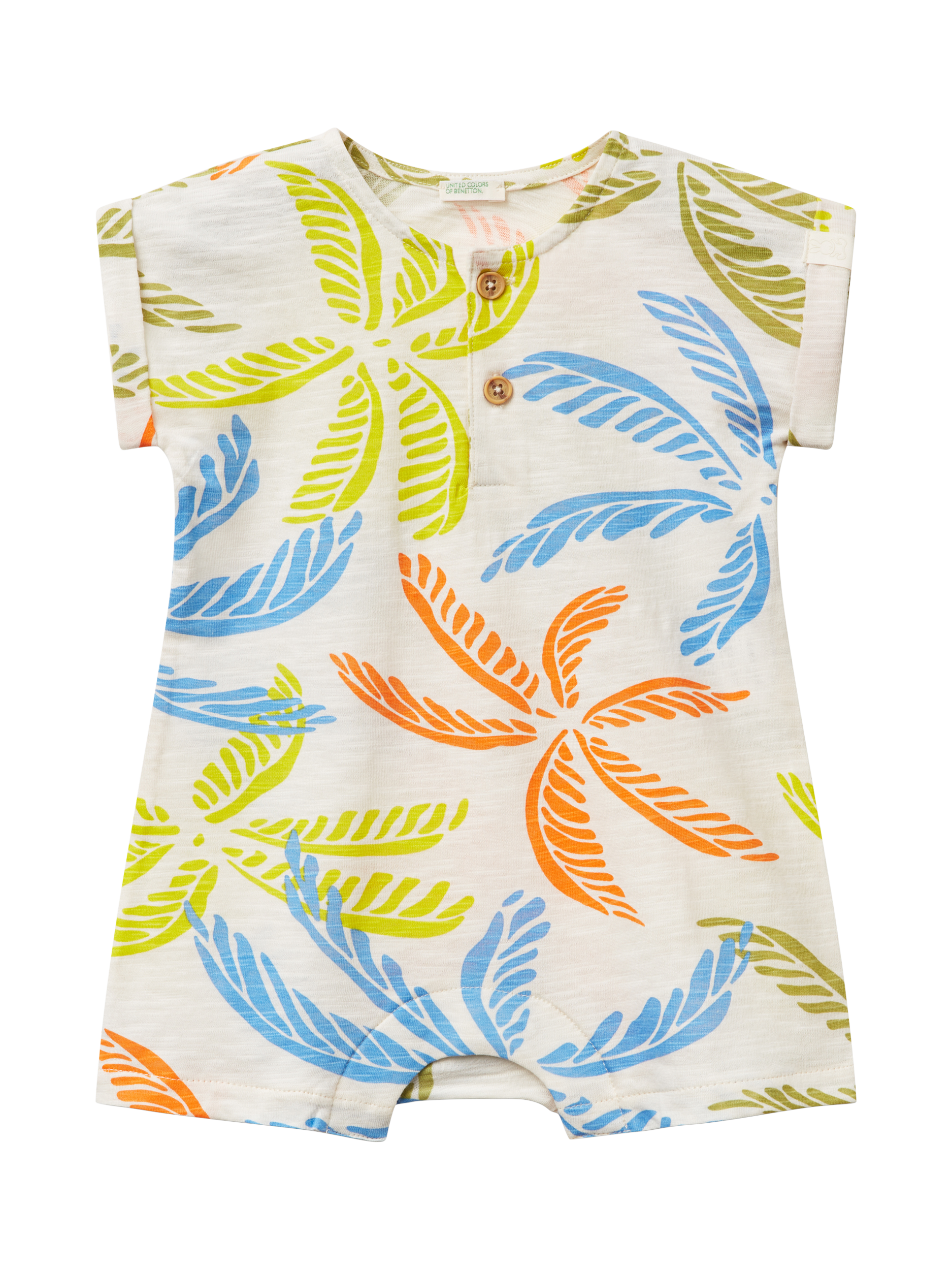 Product image 1 of 3, which shows Benetton Baby Cotton Leaf Print Romper, White Cream, 1-3 months
