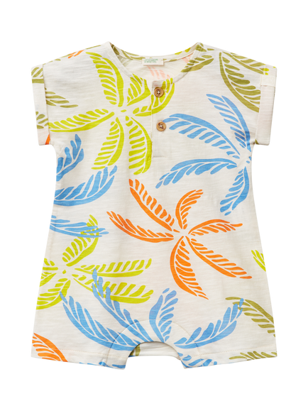 Benetton Baby Cotton Leaf Print Romper, White Cream, White Cream