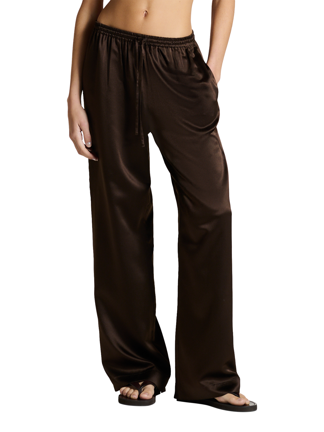 Product image 1 of 6, which shows ASCENO Aurelia Silk Blend Trousers, Dark Brown, XS