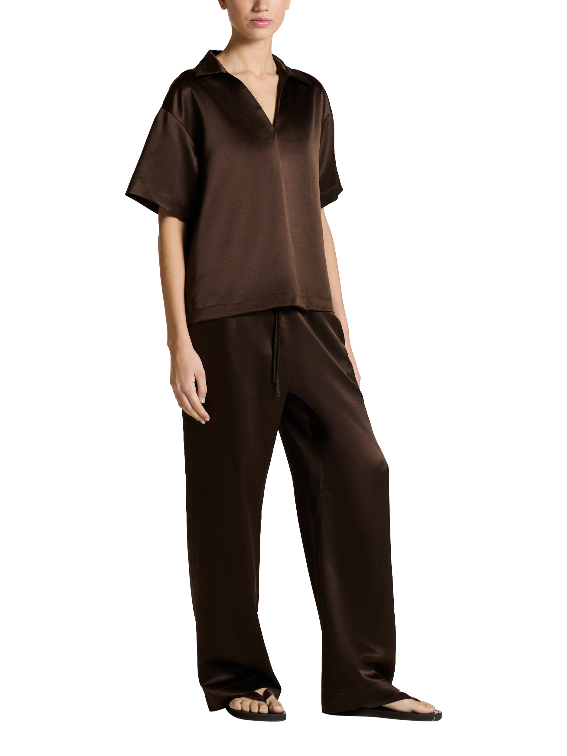 Product image 2 of 6, which shows ASCENO Aurelia Silk Blend Trousers, Dark Brown, XS