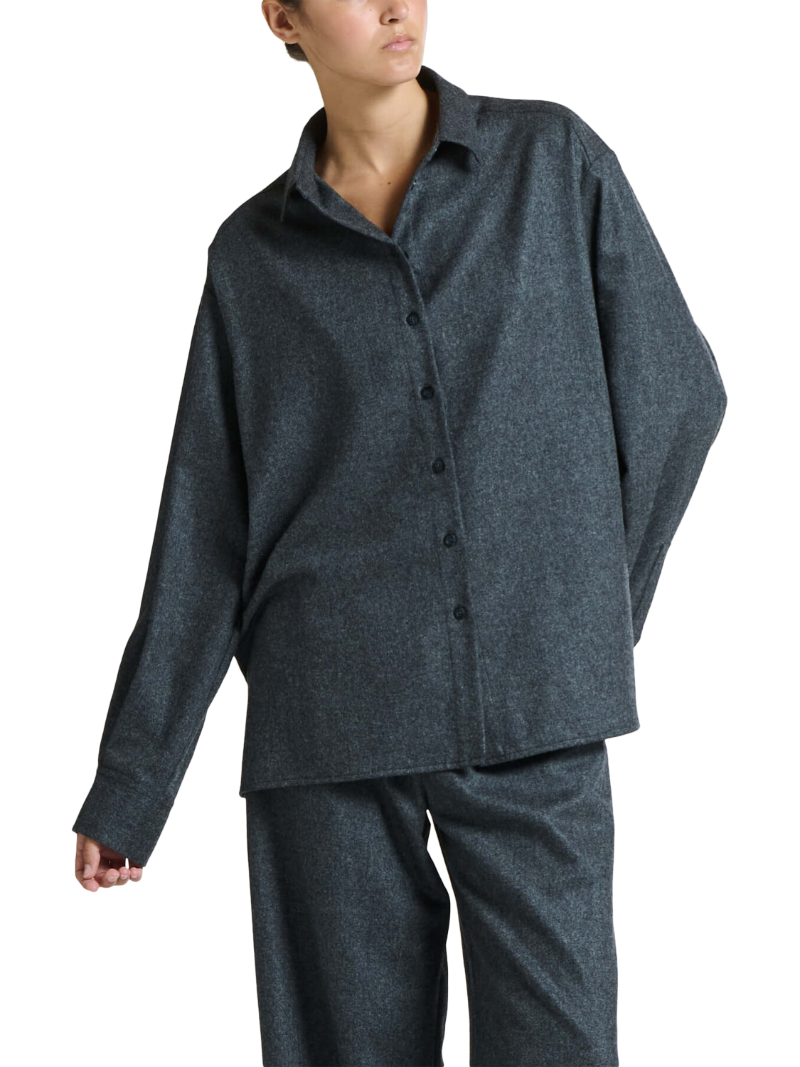 Product image 1 of 3, which shows ASCENO Maya Wool Rich Shirt, Charcoal, XS