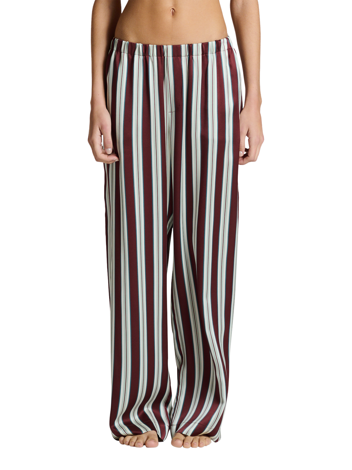 Product image 1 of 7, which shows ASCENO Rosa Stripe Pure Silk Trousers, Brown/White, XS