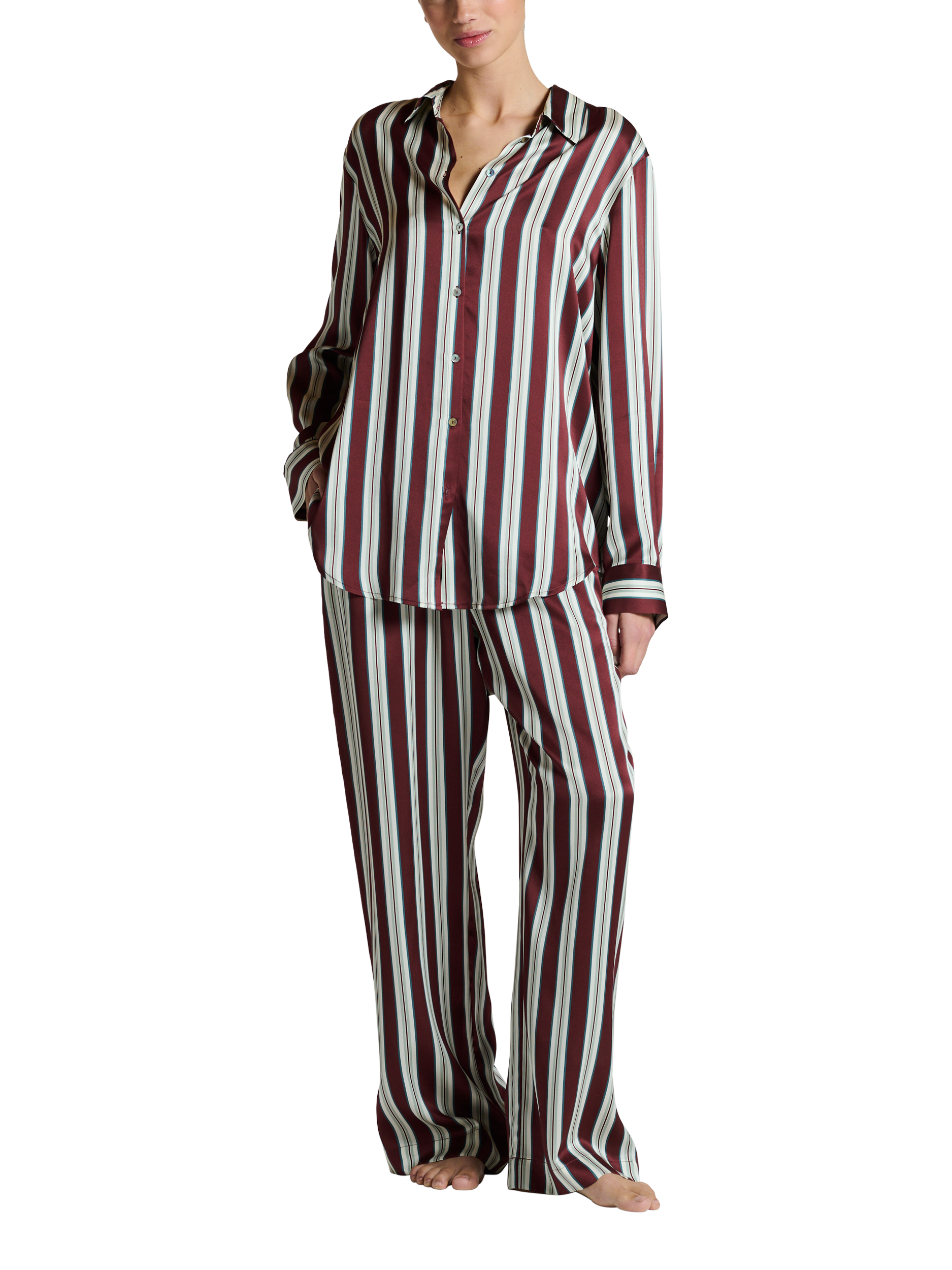 Product image 2 of 7, which shows ASCENO Rosa Stripe Pure Silk Trousers, Brown/White, XS