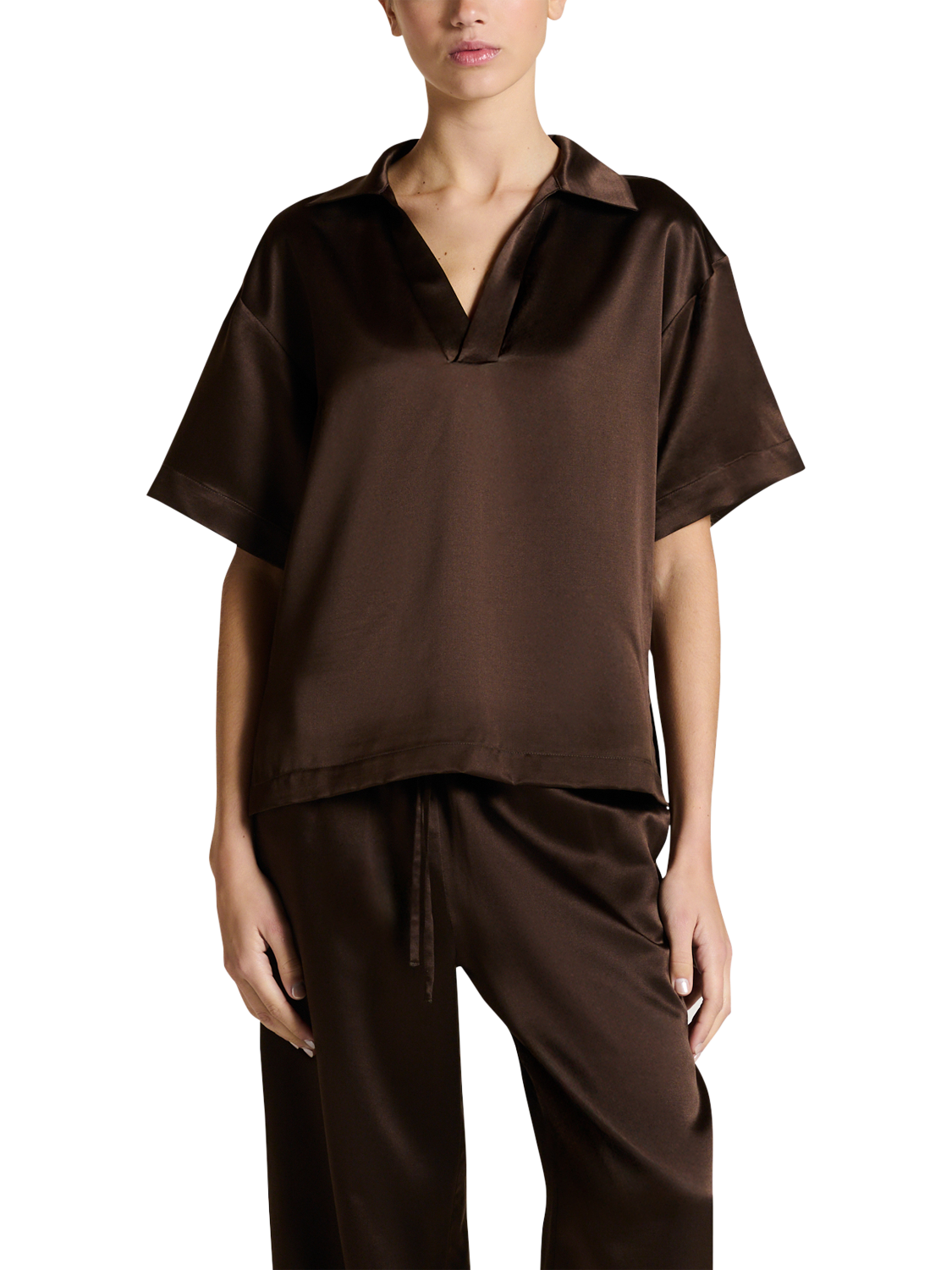 Product image 1 of 6, which shows ASCENO Modena Silk Rich Top, Dark Brown, XS