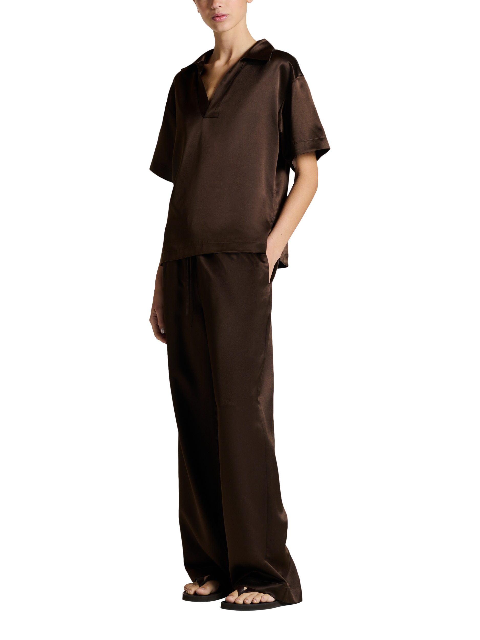 Product image 2 of 6, which shows ASCENO Modena Silk Rich Top, Dark Brown, XS