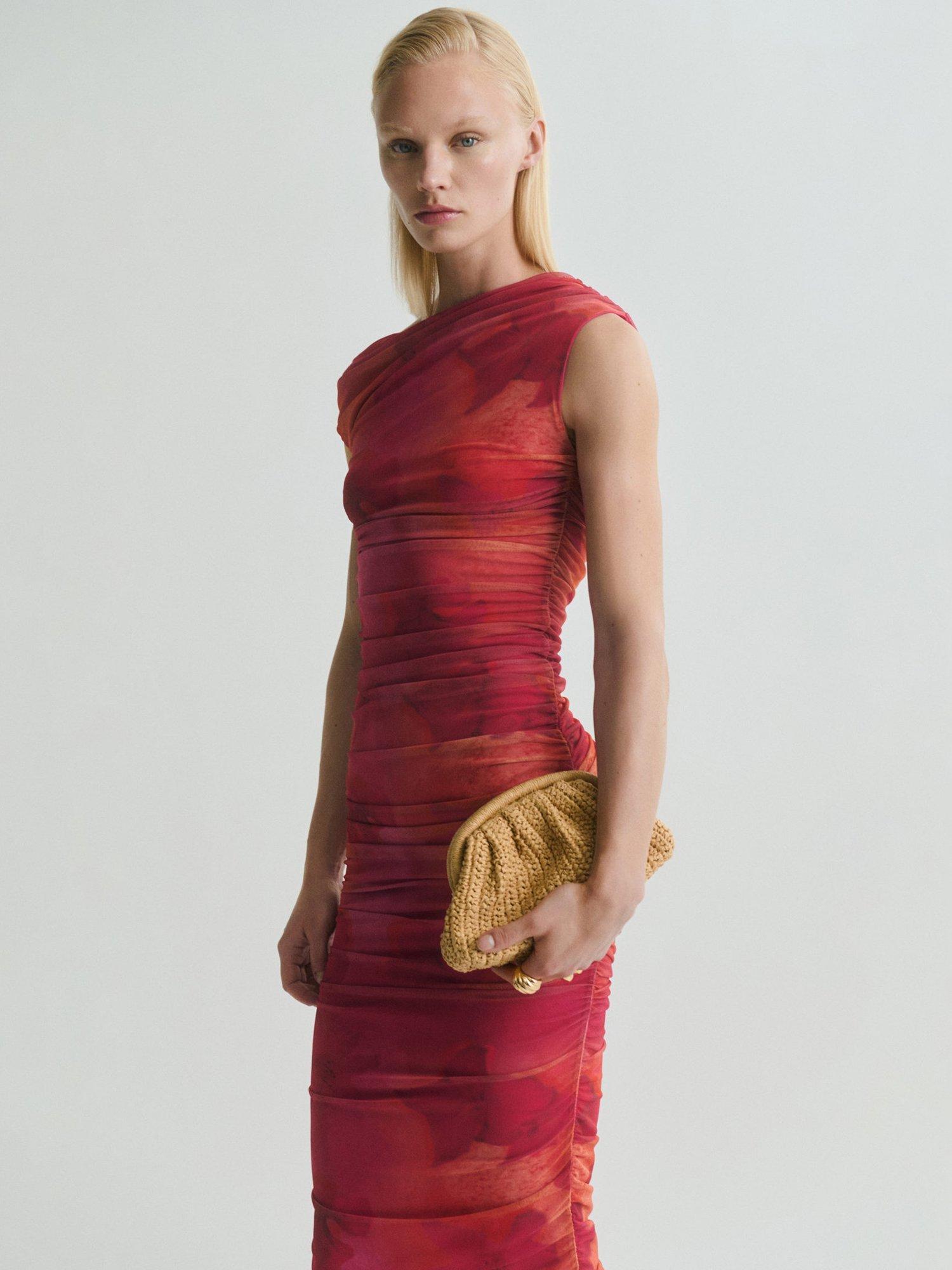 Mango Mira Floral Drape Midi Dress, Bright Pink