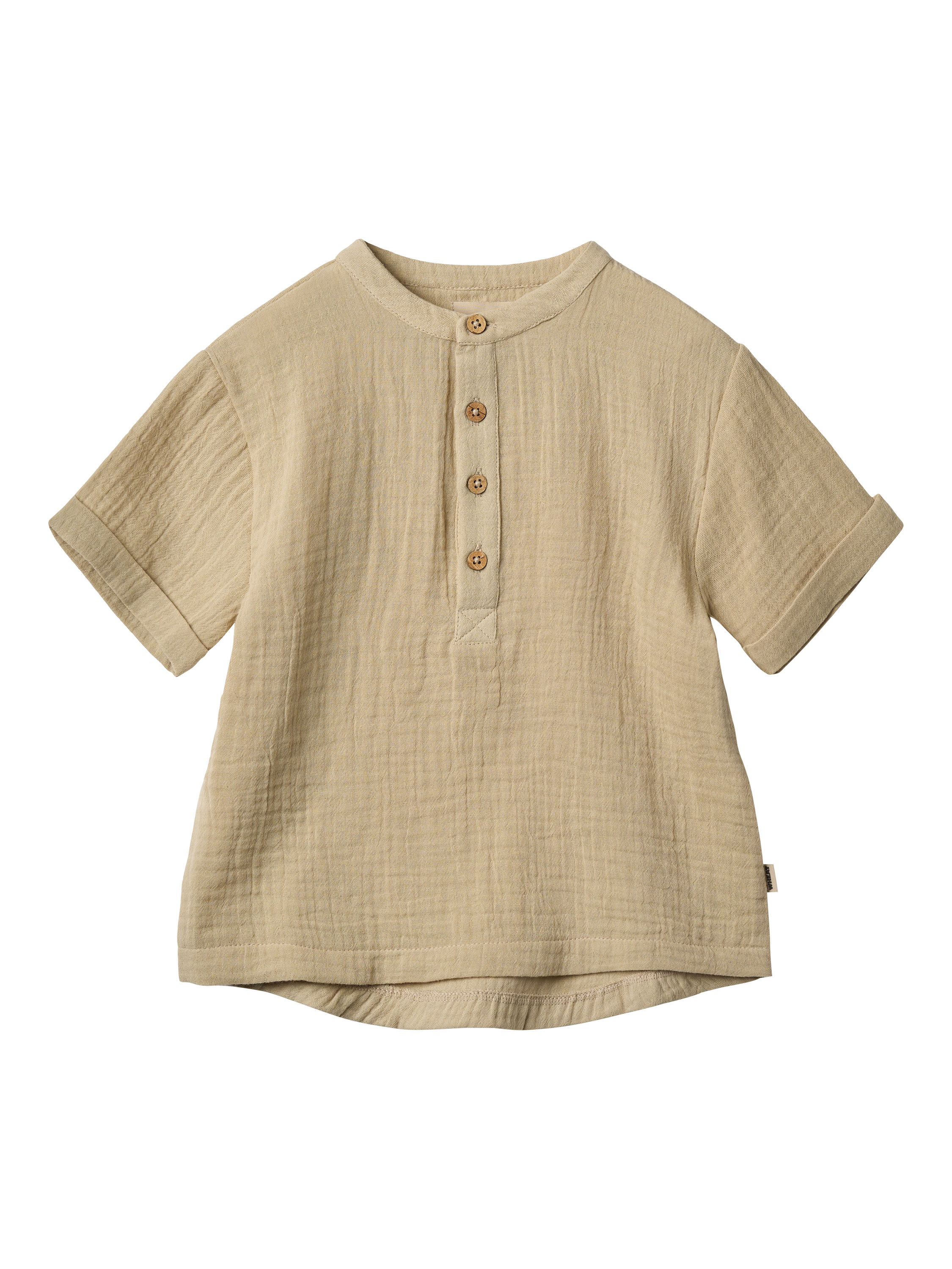 Product image 1 of 4, which shows WHEAT Kids' Svend Cotton Short Sleeved Button Shirt, 9441 Soft Sand, 4 years