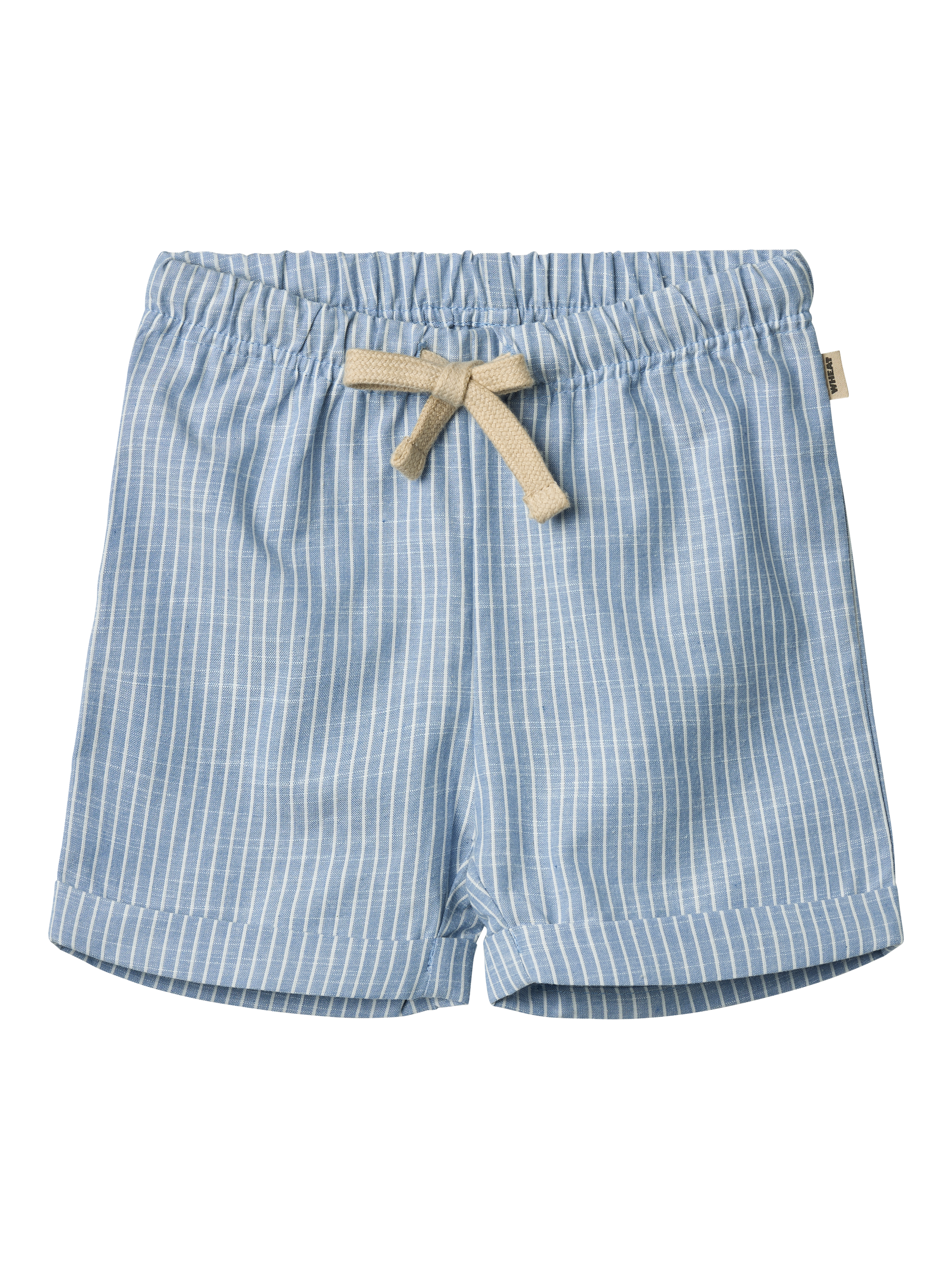 Product image 1 of 3, which shows WHEAT Baby Milton Cotton Striped Drawstring Shorts, 1048 Blue Stripe, 6 months