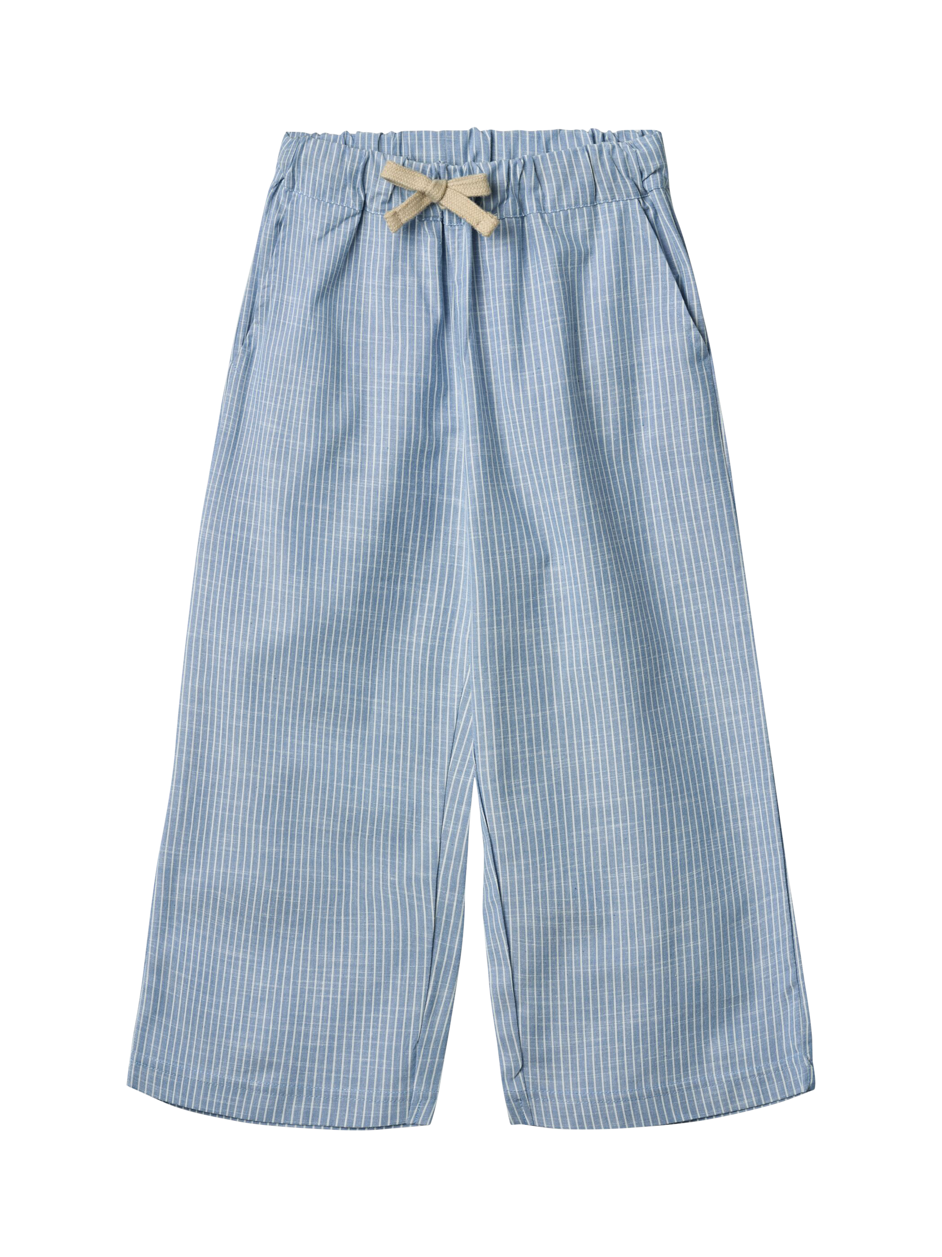 Product image 1 of 3, which shows WHEAT Kids' Sasha Cotton Striped Drawstring Trousers, Blue, 3 years