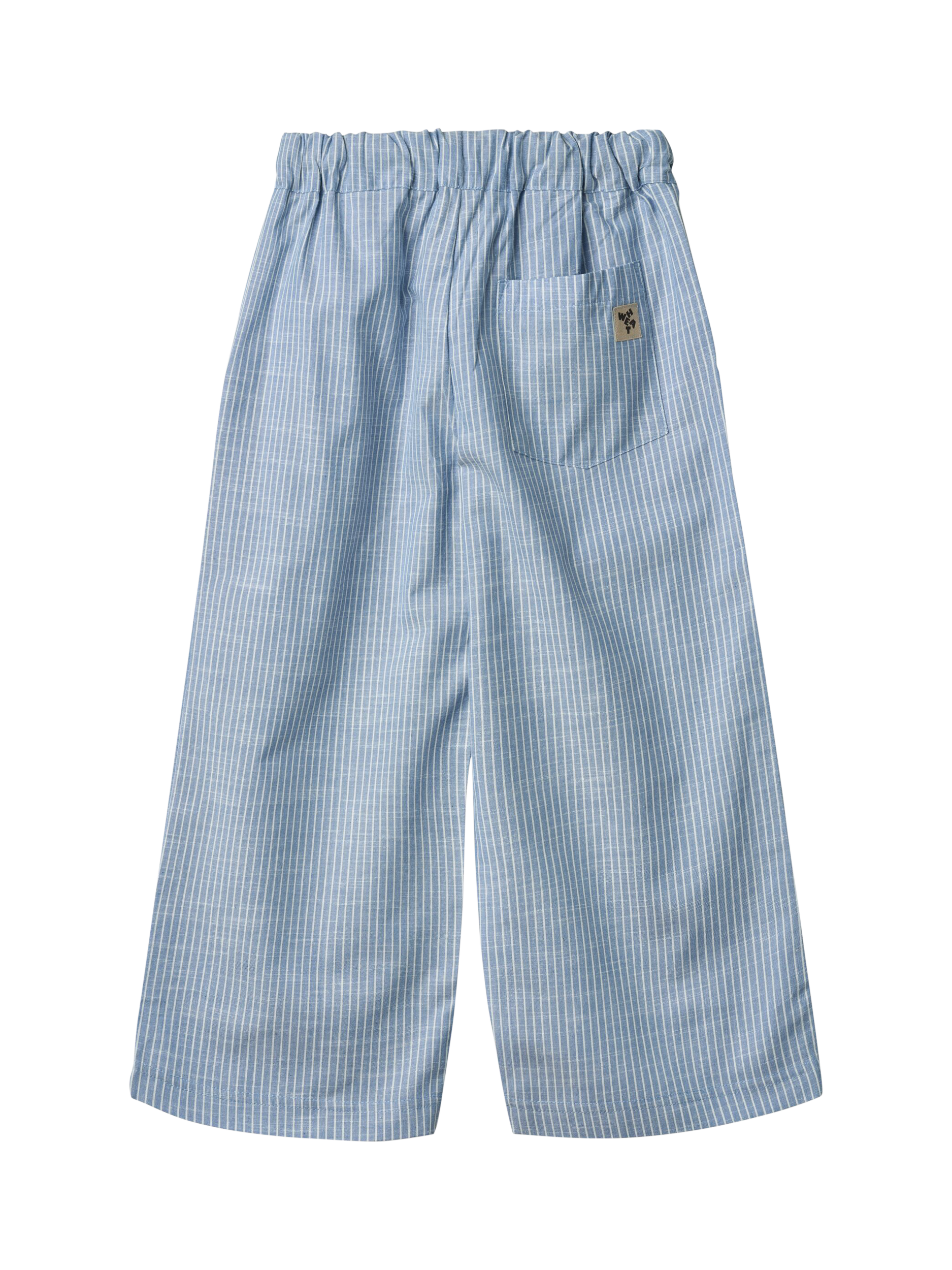 Product image 2 of 3, which shows WHEAT Kids' Sasha Cotton Striped Drawstring Trousers, Blue, 3 years
