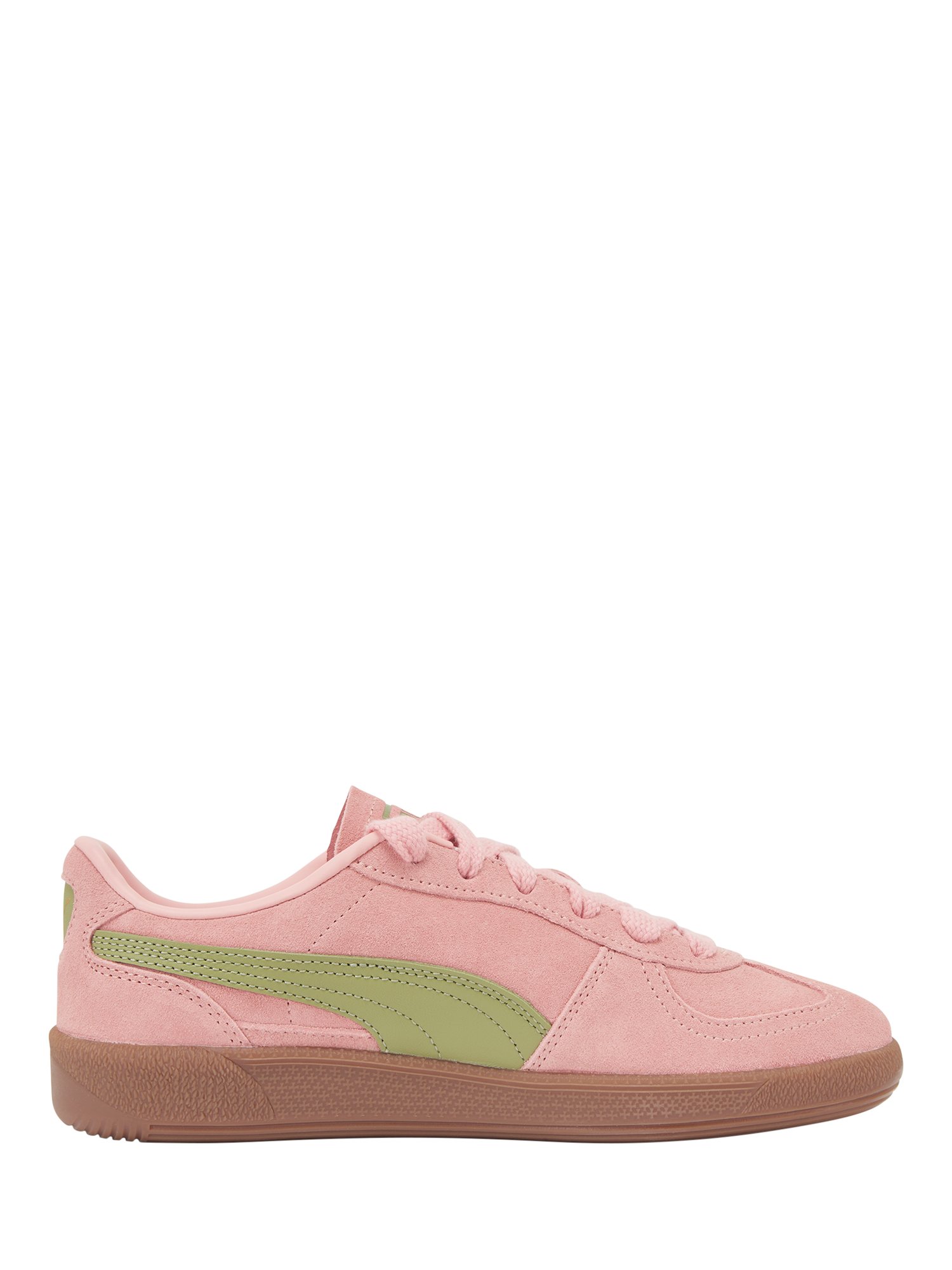 Product image 1 of 6, which shows PUMA Palermo Suede Blend Lace Up Trainers, Pink/Green, 4