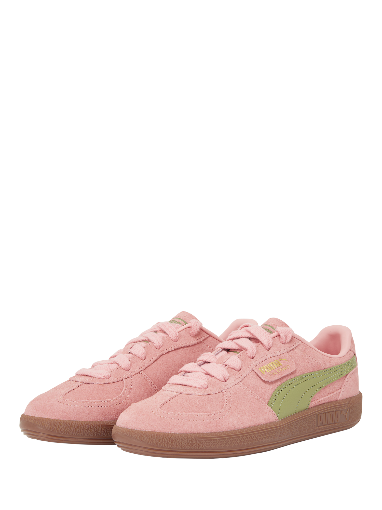 Product image 2 of 6, which shows PUMA Palermo Suede Blend Lace Up Trainers, Pink/Green, 4