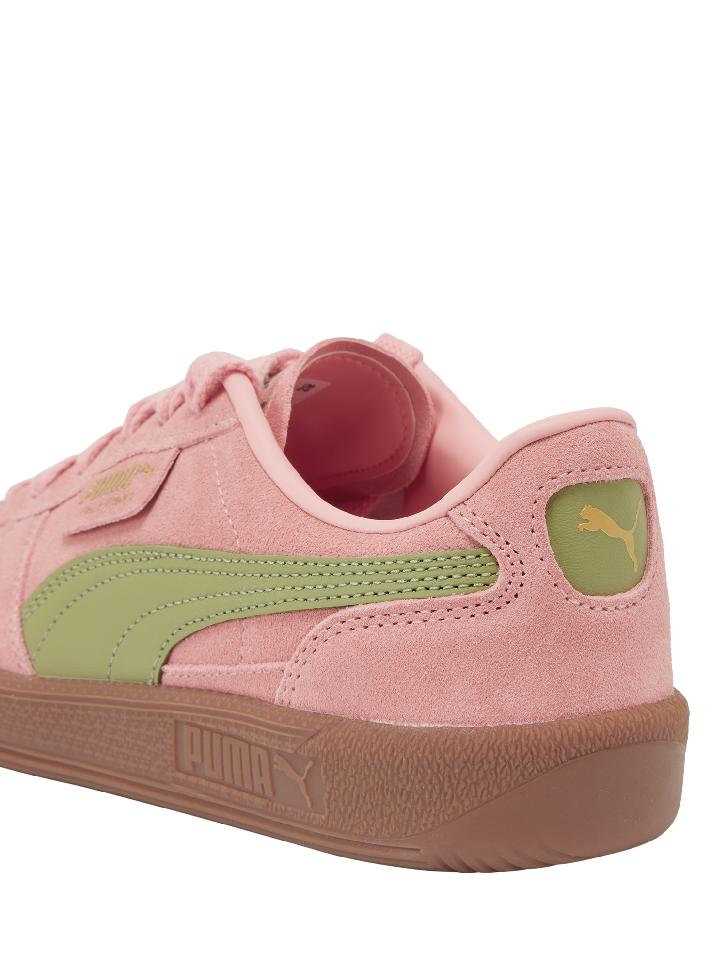 Product image 3 of 6, which shows PUMA Palermo Suede Blend Lace Up Trainers, Pink/Green, 4