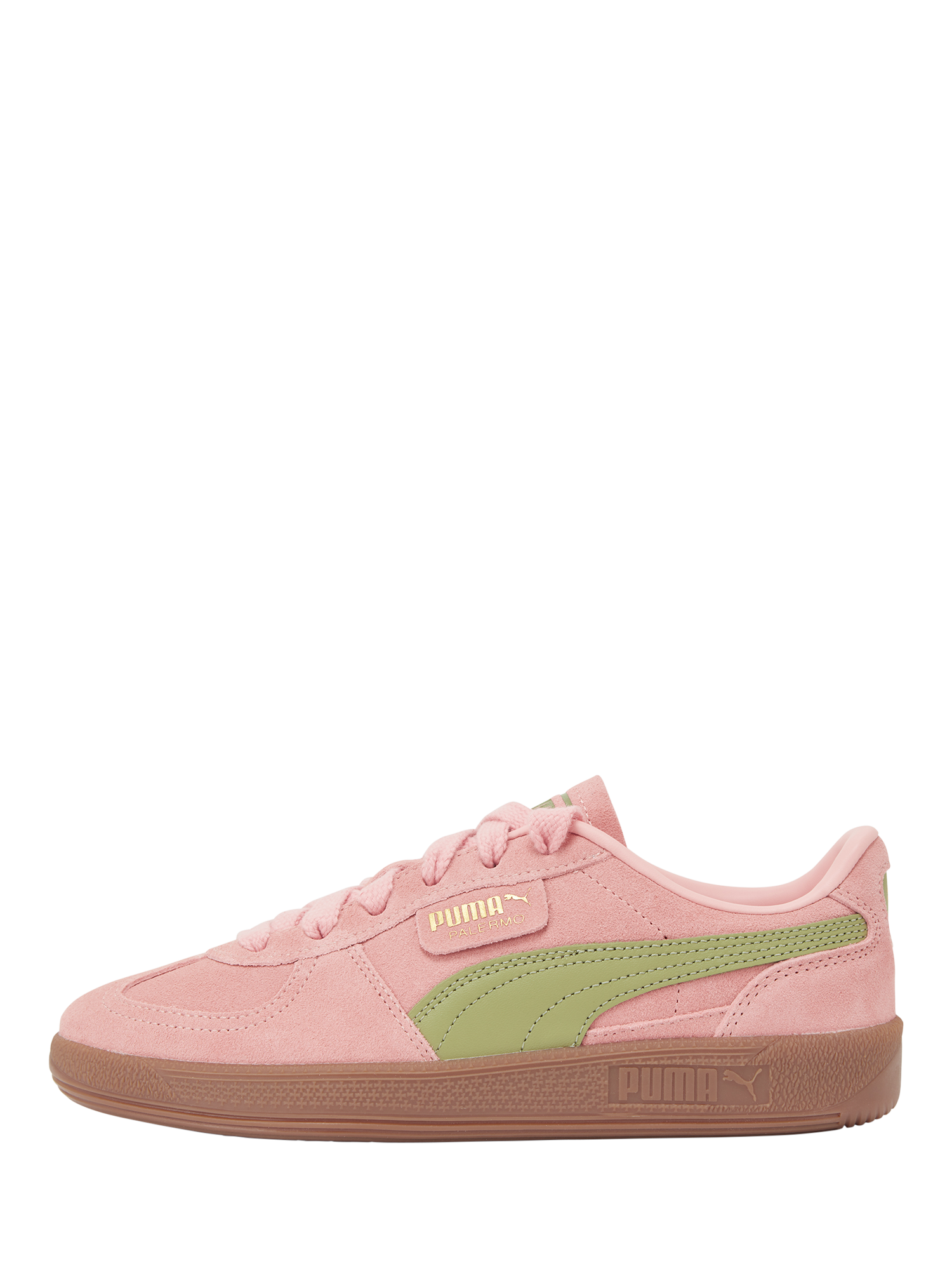 Product image 4 of 6, which shows PUMA Palermo Suede Blend Lace Up Trainers, Pink/Green, 4