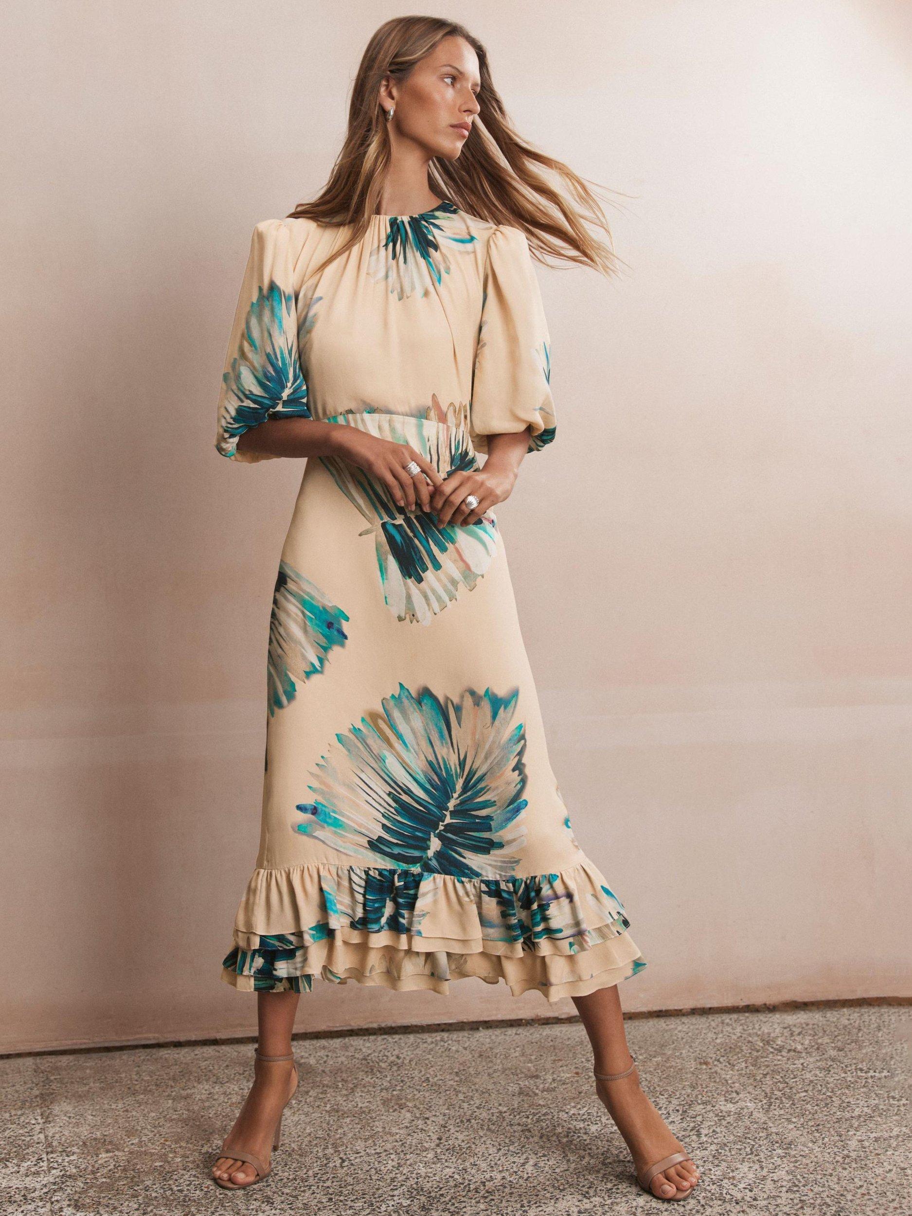 Product image 1 of 8, which shows Mint Velvet Neutral Palm Print Midi Dress, Blue/Multi, 6
