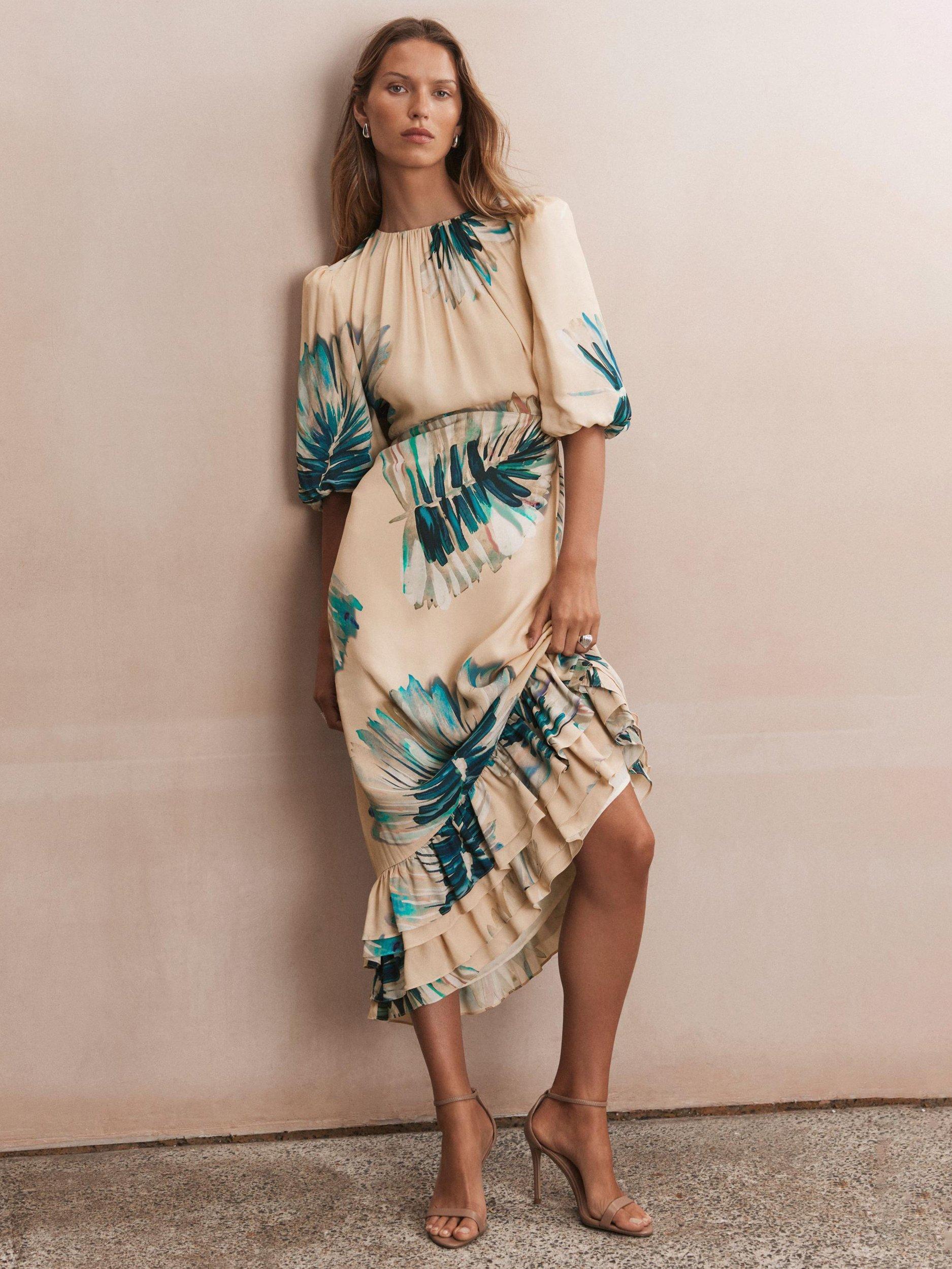 Product image 2 of 8, which shows Mint Velvet Neutral Palm Print Midi Dress, Blue/Multi, 6