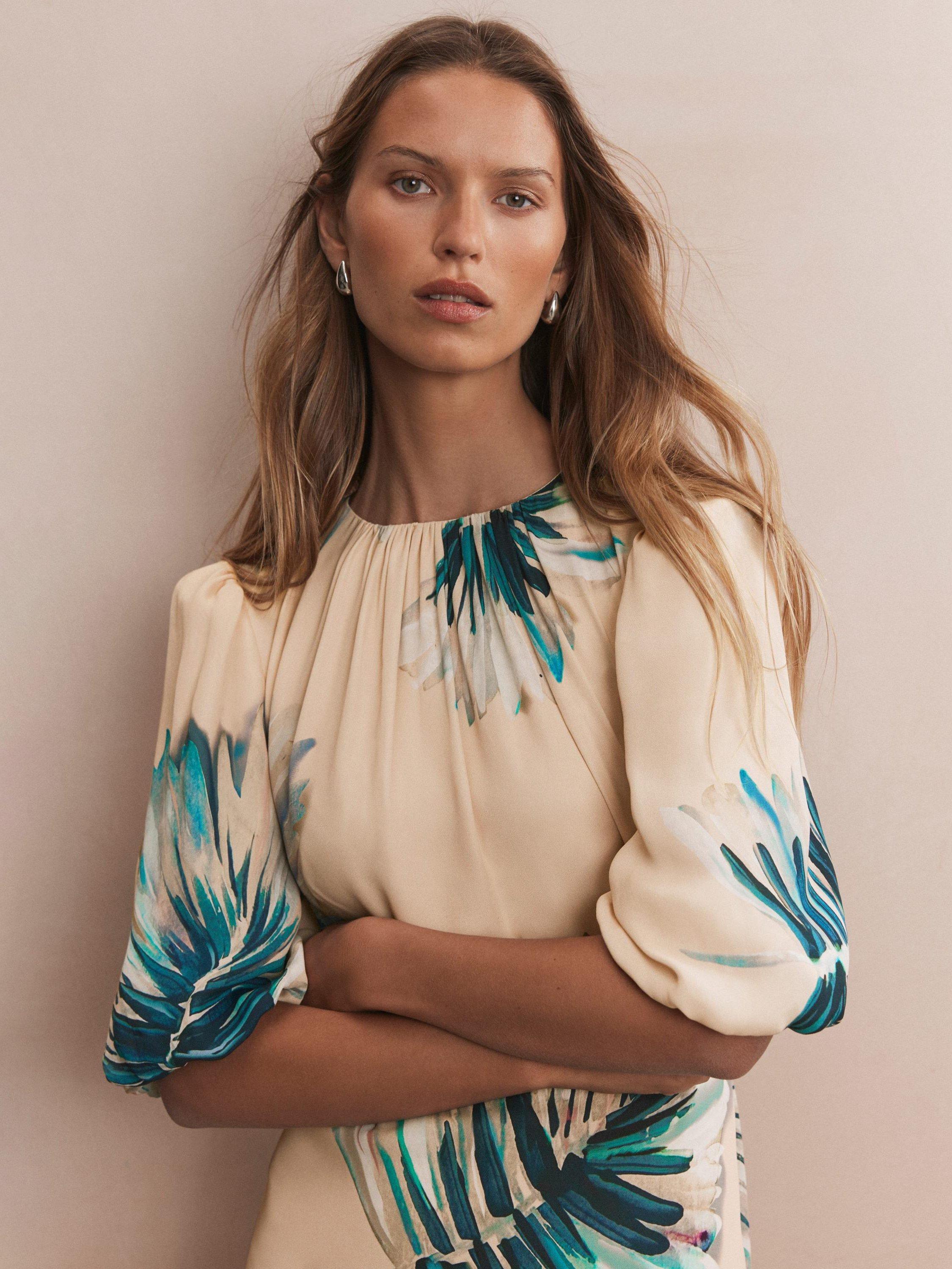 Product image 3 of 8, which shows Mint Velvet Neutral Palm Print Midi Dress, Blue/Multi, 6
