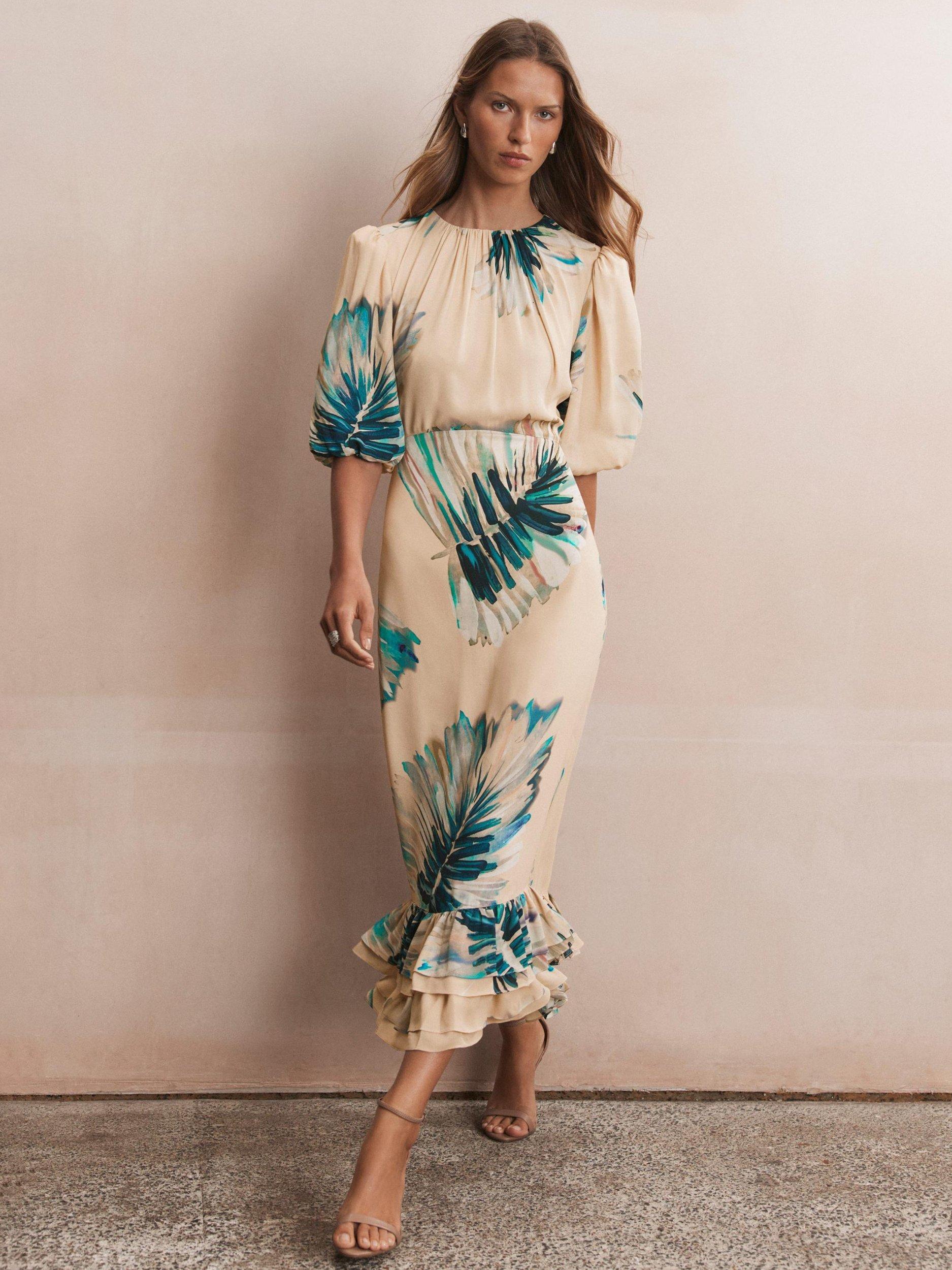 Product image 5 of 8, which shows Mint Velvet Neutral Palm Print Midi Dress, Blue/Multi, 6