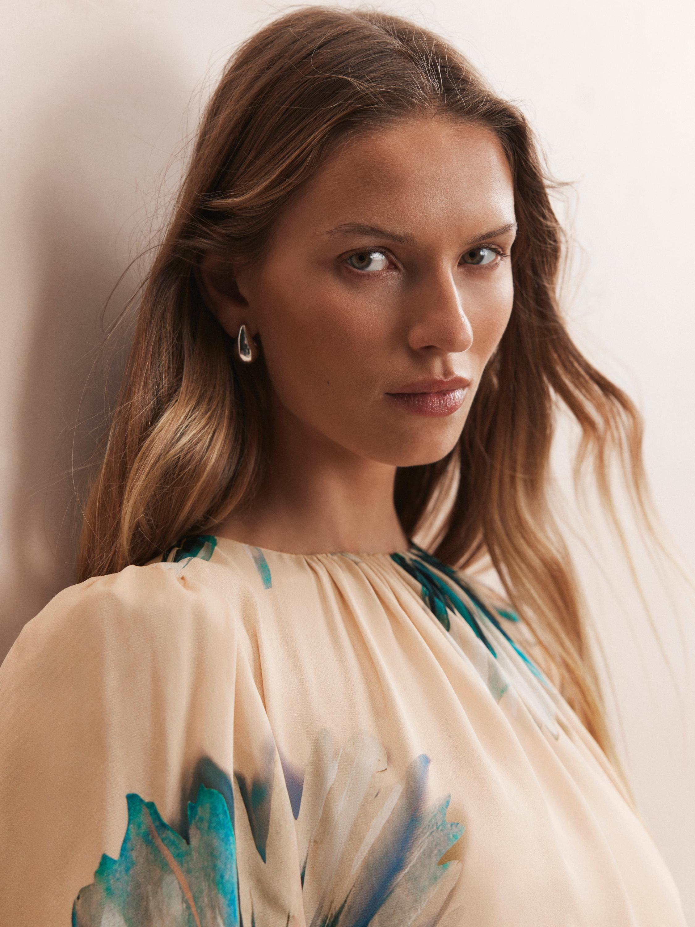 Product image 6 of 8, which shows Mint Velvet Neutral Palm Print Midi Dress, Blue/Multi, 6