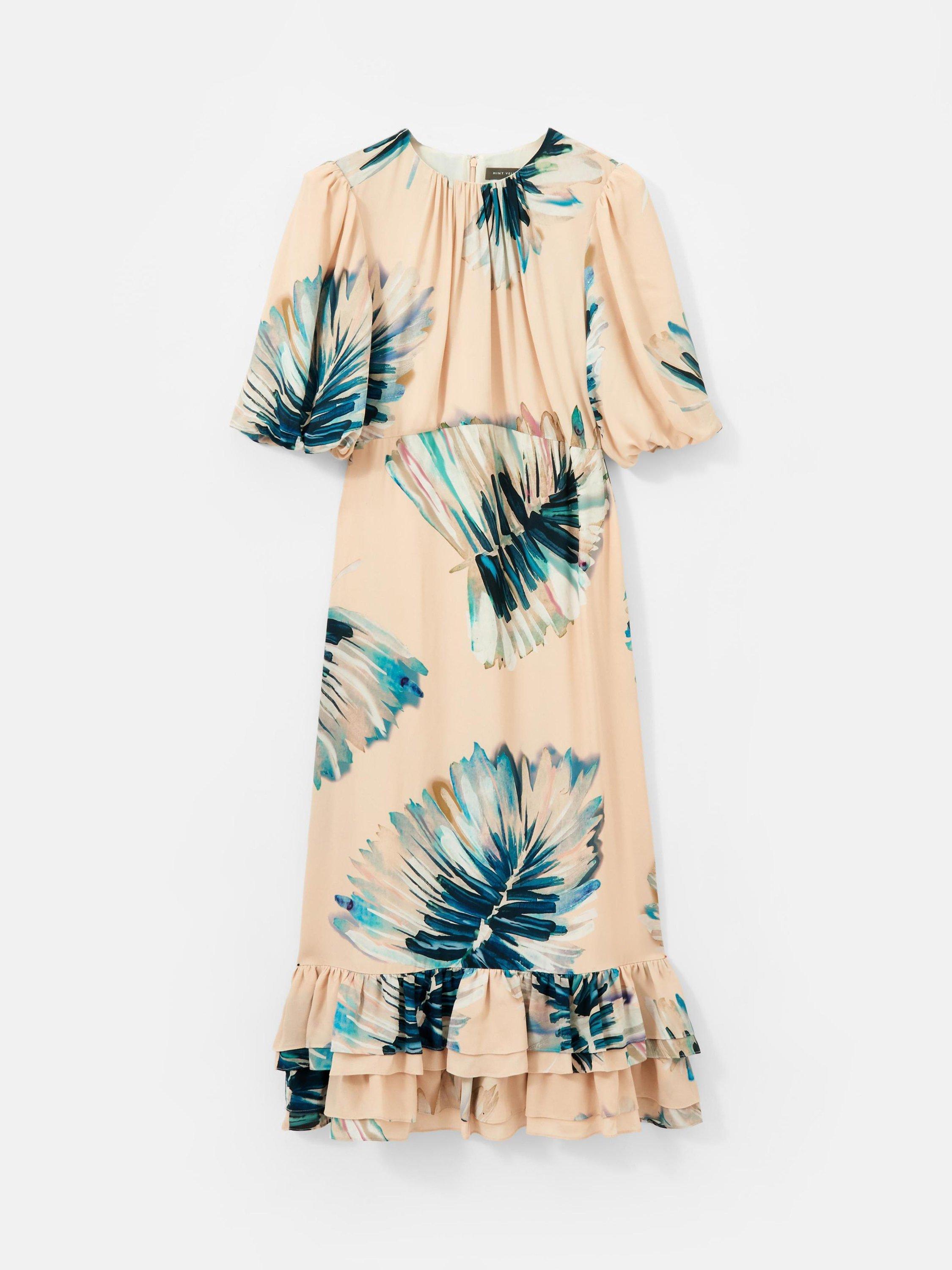 Product image 7 of 8, which shows Mint Velvet Neutral Palm Print Midi Dress, Blue/Multi, 6