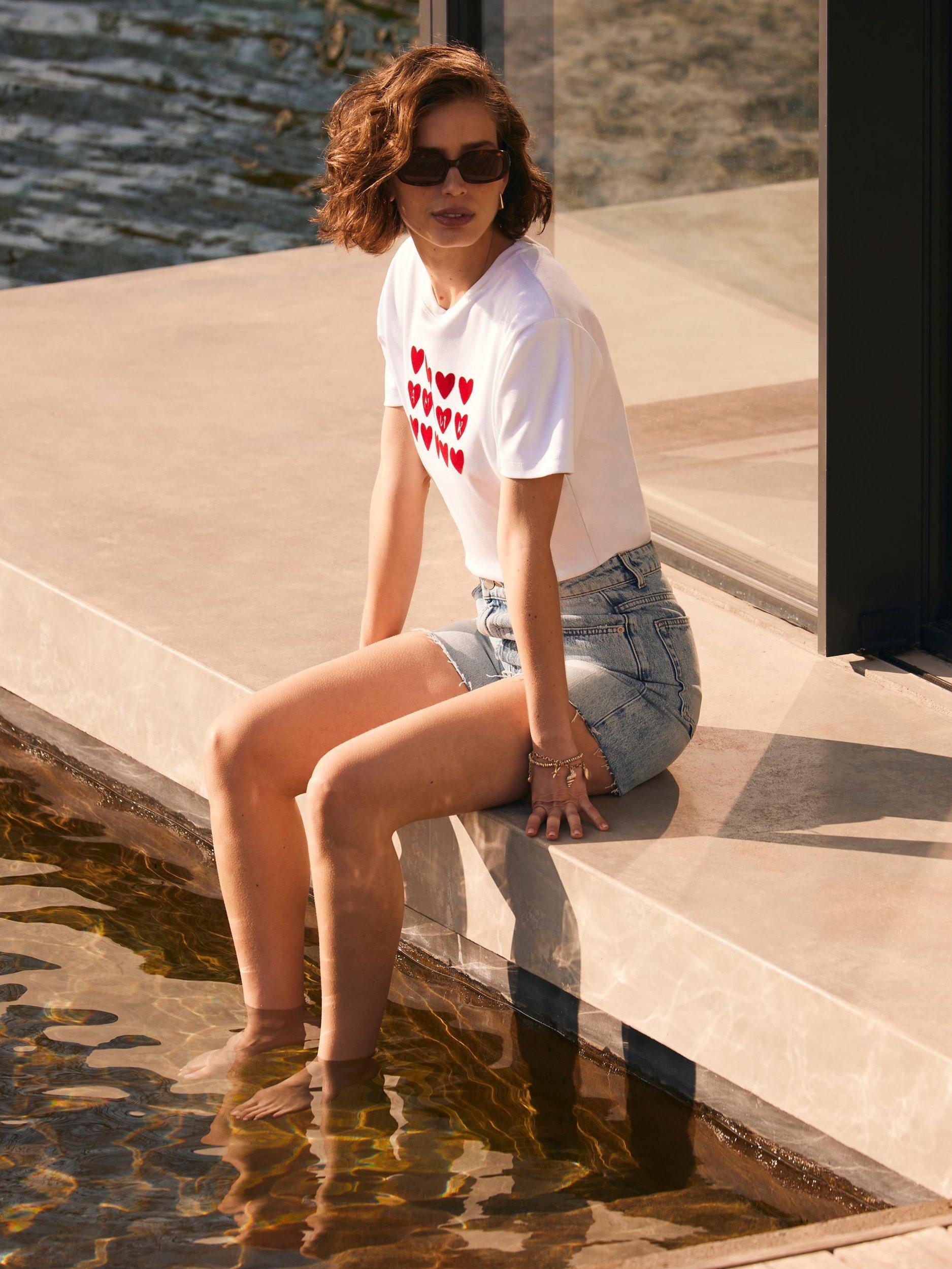 Product image 3 of 6, which shows Mint Velvet White Heart Graphic Cotton T-Shirt, White Ivory, XS