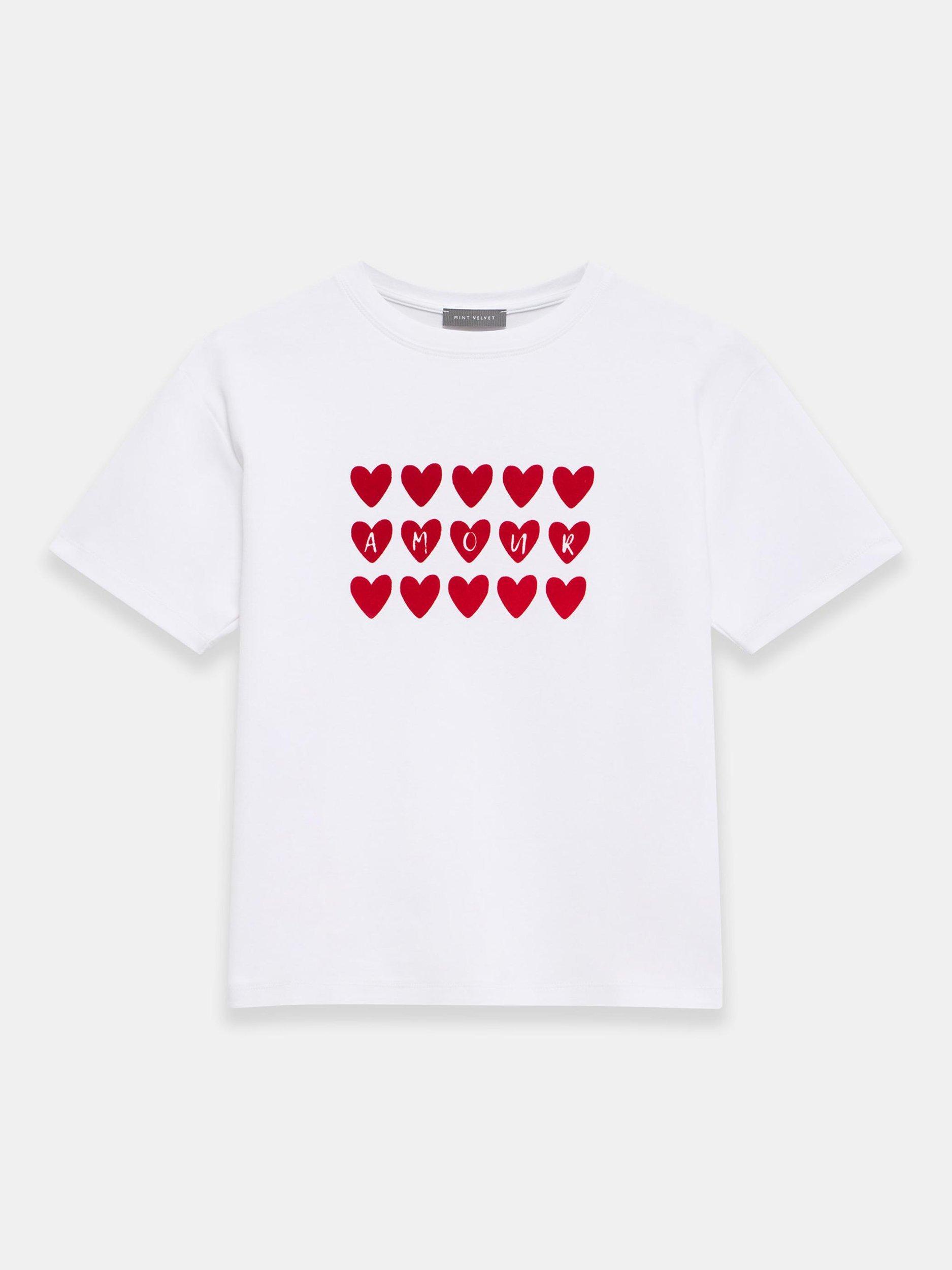 Product image 5 of 6, which shows Mint Velvet White Heart Graphic Cotton T-Shirt, White Ivory, XS