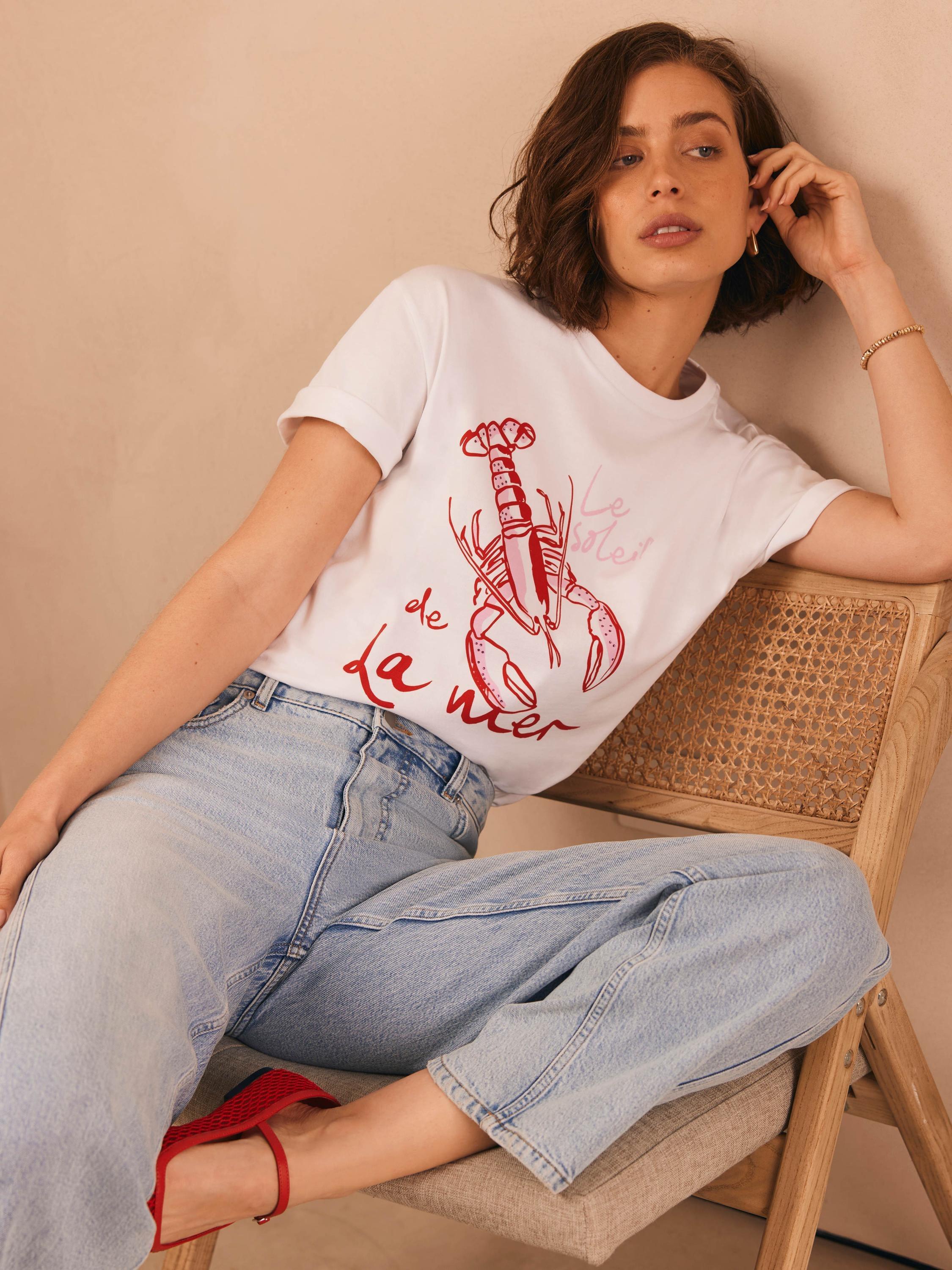 Product image 1 of 6, which shows Mint Velvet Cotton Lobster Graphic T-Shirt, White/Multi, XS