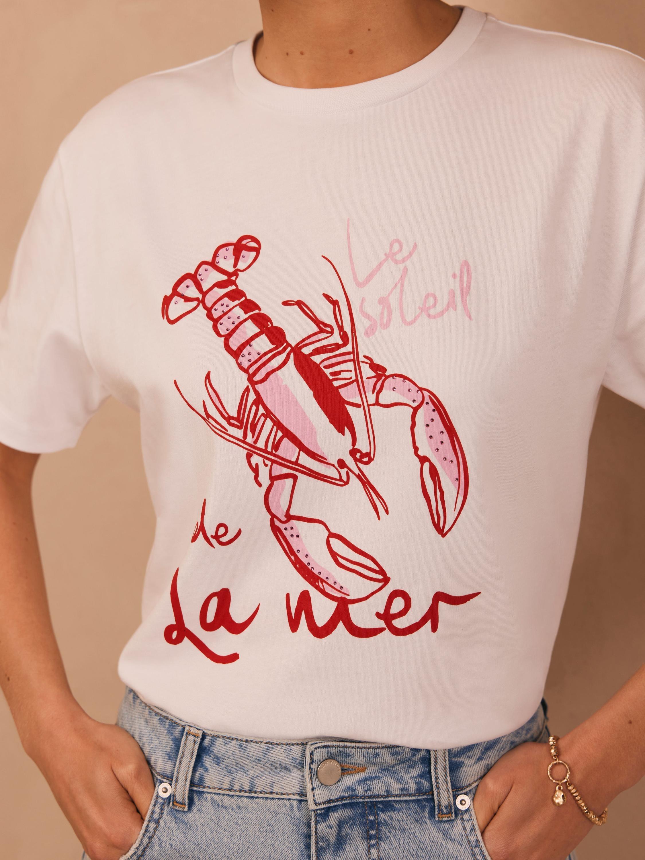 Product image 3 of 6, which shows Mint Velvet Cotton Lobster Graphic T-Shirt, White/Multi, XS