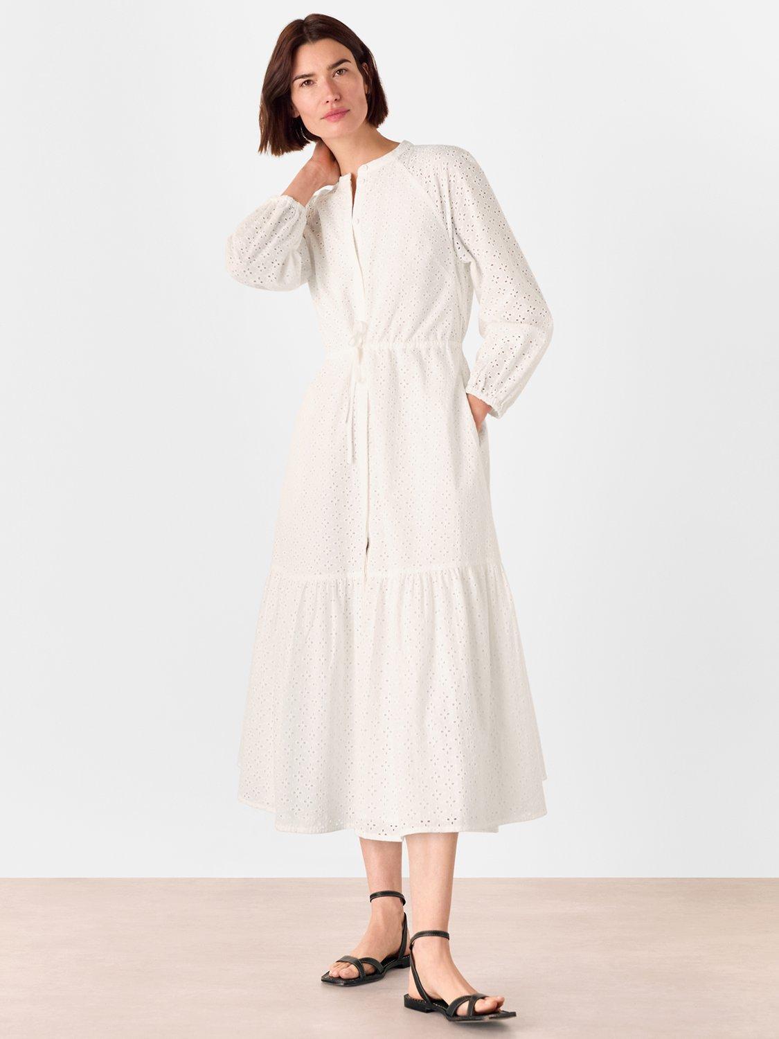 Product image 1 of 6, which shows Whistles Petite Broderie Anglaise Midi Dress, White, 6