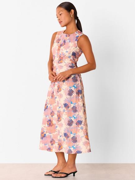 Whistles Petite Floral Textured Midi Dress, Pink/Multi, Pink/Multi