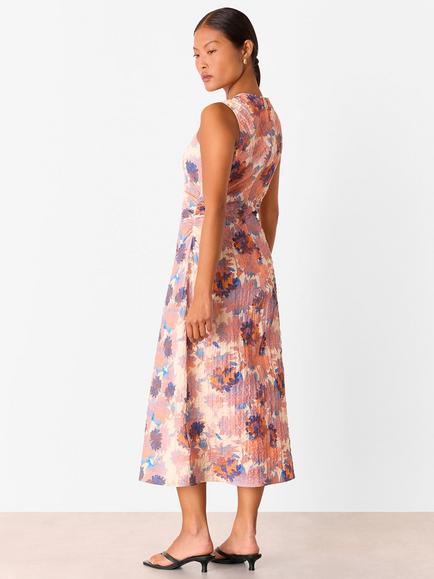 Whistles Petite Floral Textured Midi Dress, Pink/Multi - view 2, Pink/Multi
