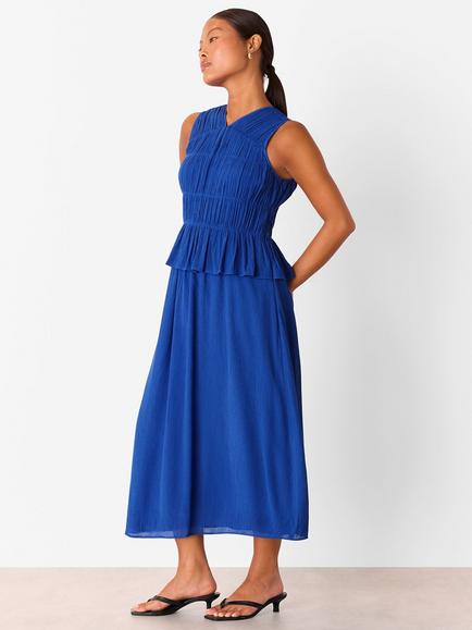 Whistles Petite Shirred V-Neck Fit & Flare Midi Dress, Cobalt Blue, Cobalt Blue