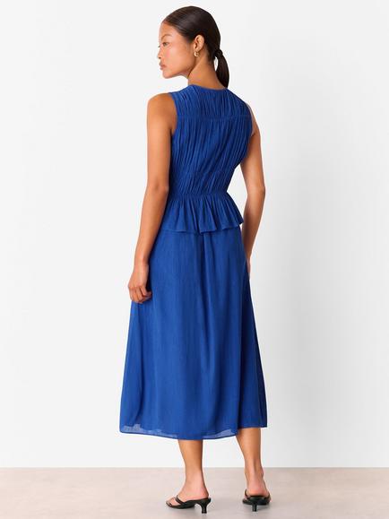 Whistles Petite Shirred V-Neck Fit & Flare Midi Dress, Cobalt Blue - view 2, Cobalt Blue