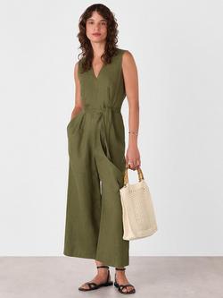 Whistles Petite Belted Seamed Pure Linen Jumpsuit, Khaki, Khaki