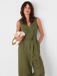 Whistles Petite Belted Seamed Pure Linen Jumpsuit, Khaki