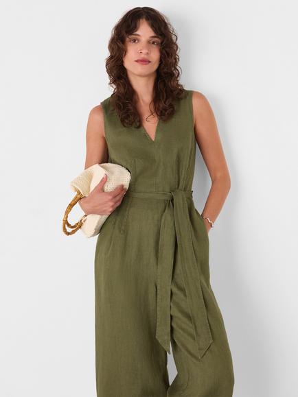 Whistles Petite Belted Seamed Pure Linen Jumpsuit, Khaki - view 2, Khaki