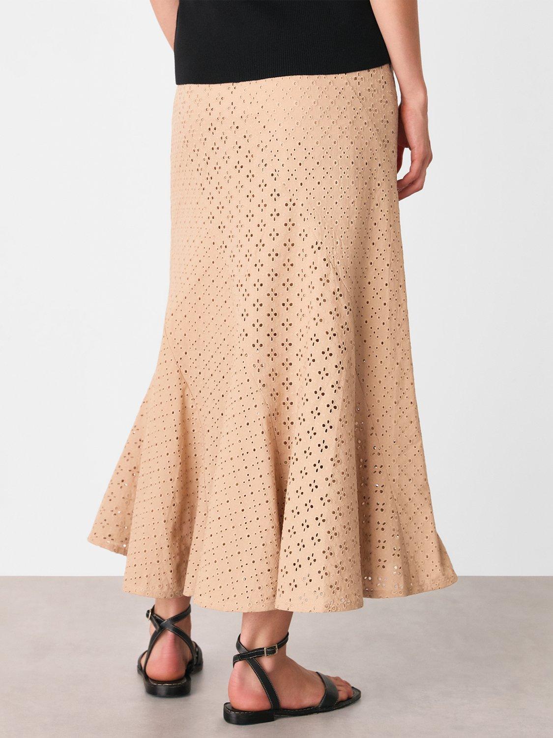 Product image 2 of 5, which shows Whistles Broderie A-Line Midi Skirt, Camel, 6