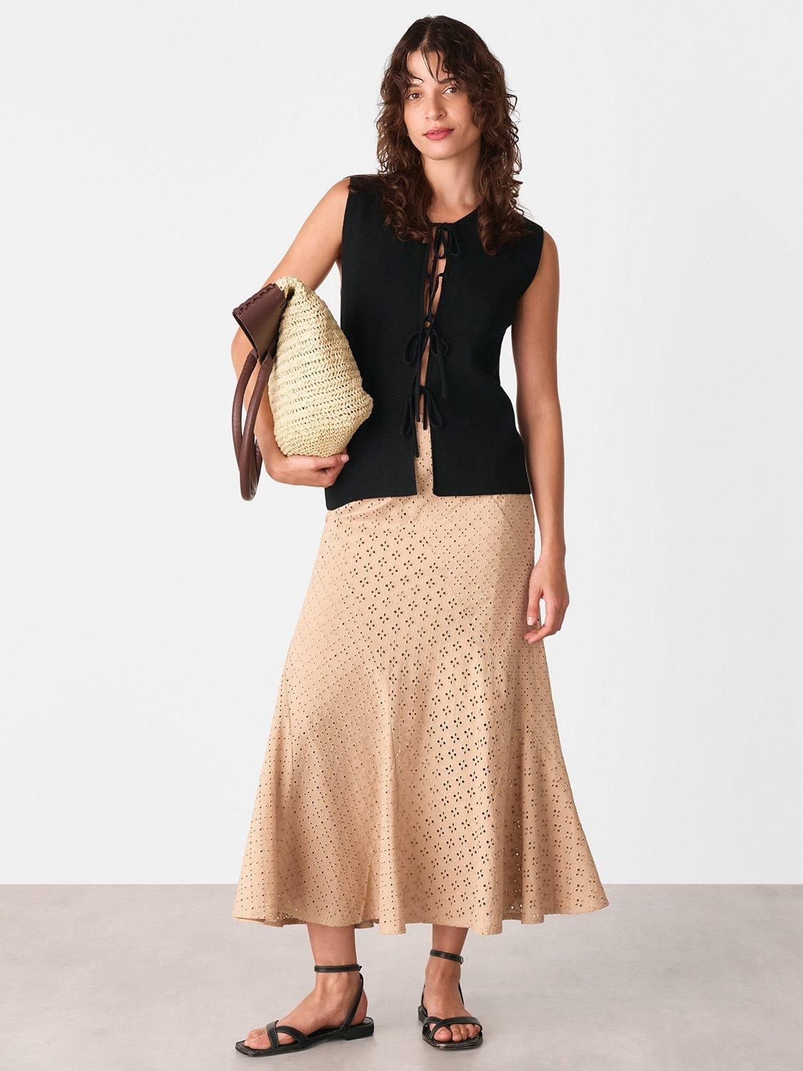 Product image 3 of 5, which shows Whistles Broderie A-Line Midi Skirt, Camel, 6