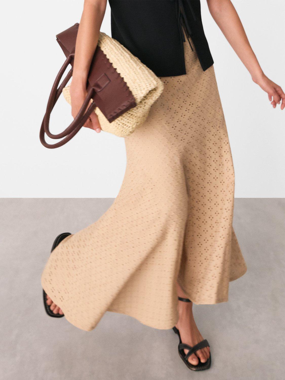 Product image 4 of 5, which shows Whistles Broderie A-Line Midi Skirt, Camel, 6