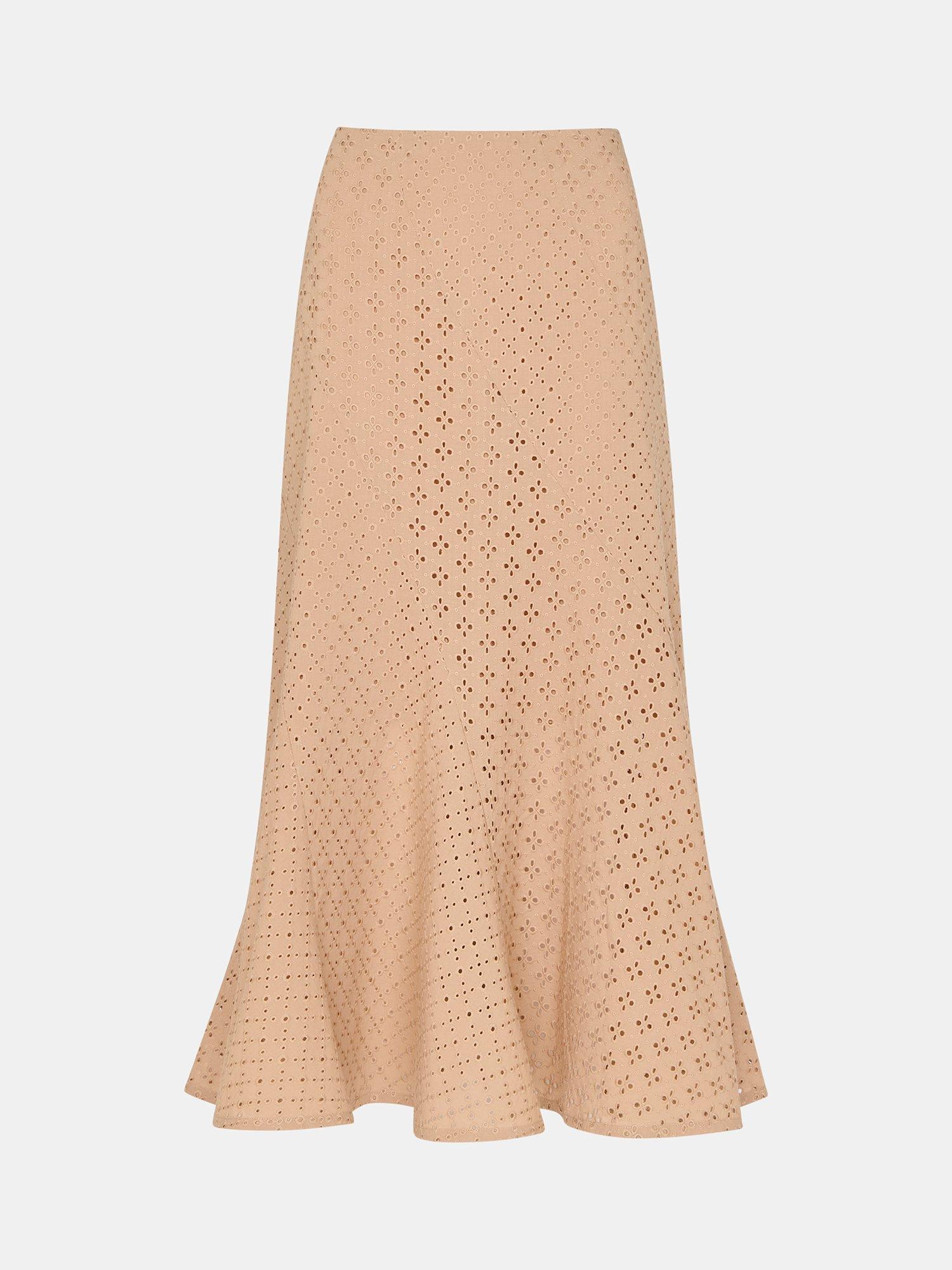 Product image 5 of 5, which shows Whistles Broderie A-Line Midi Skirt, Camel, 6